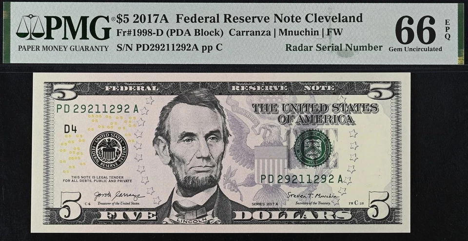 2017A $5 FRN PMG 66EPQ - Radar & Repeater Serial Number 29211292 - 29212921 - Image 2 of 4
