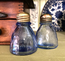 RARE Antique Blue Etched Pressed Glass Salt Pepper Shakers with Brass Caps
