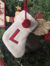 VINTAGE TARGET MINI WINTER WHITE KNIT EMBROIDERED L CHRISTMAS STOCKING RED POM 