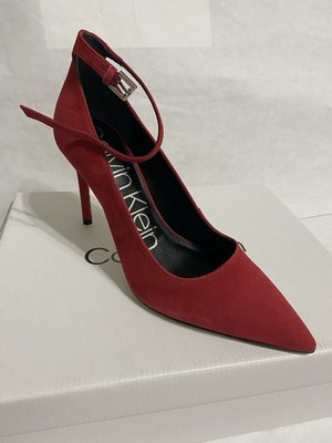 New Calvin Klein Women s Demma Red Suede Ankle Strap Pumps Heels Sz 7.5 M