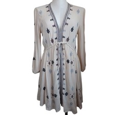 Free People Embroidered Gauze Mini Dress Cream Boho V-Neck Long Sleeve Womens M