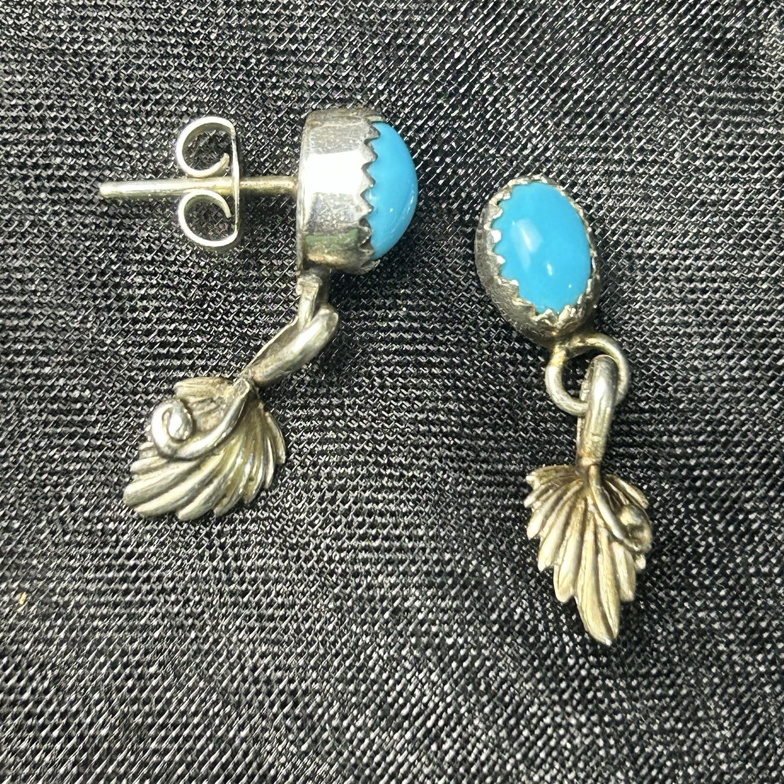 Turquoise Cabochon Leaf Dangle Post Earrings Mark… - image 4