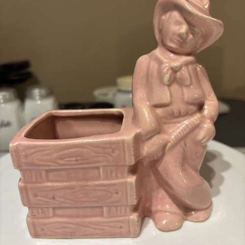 Vintage AMERICAN BISQUE POTTERY PLANTER FIGURINE COWBOY WESTERN PINK MCCOY