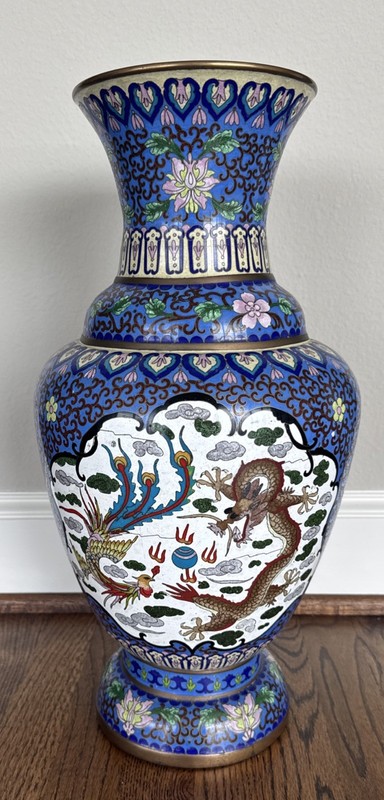 Antique Exceptional Large Chinese Floral Dragon Blue Cloisonne Vase 20" T 7” D