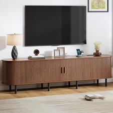 86.6" TV Stand with Power Outlet, Mid-Century Modern Television Stand, Fluted Me