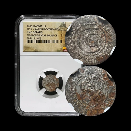 LIVONIA. 1656, 1 Solidus, Silver - NGC UNC - CXG, Sweden, Riga, Crossed Keys
