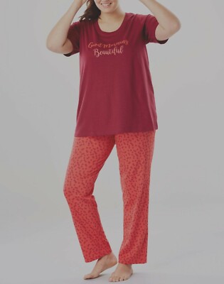 Dreams & Co. Plus Size Coral Ruby Dot Pajama Set With/Eye Mask Size L(18/20) 