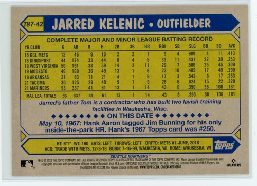 2022 Topps Series 1 '87 Jarred Kelenic - T87-42 - Picture 2 of 2