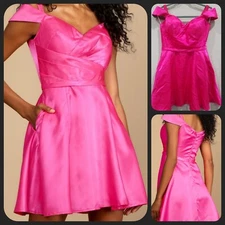 LULUS Gorgeous Glow Hot Pink Off The Shoulder Skater Dress*Pockets*Size SMALL
