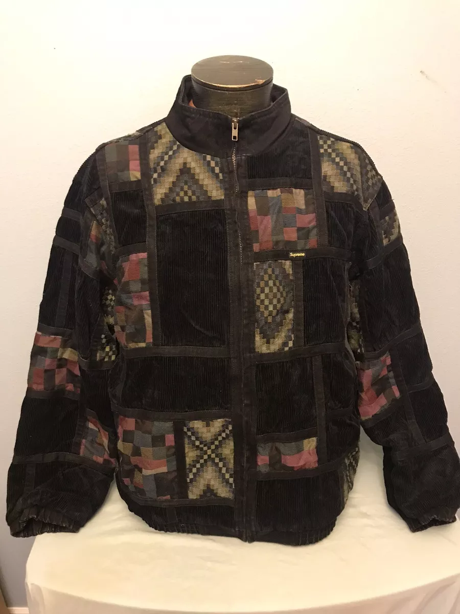 Supreme NY Mens XL Corduroy Patchwork Denim Box Logo Jacket Black FW18 Authentic
