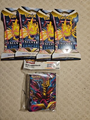 4 -Nintendo Pokemon TCG Silver Tempest Booster Pack +Mini Portfolio,  50 Cards 
