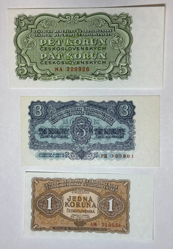 1953 Czechoslovakia 1,3, & 5 Koruna, Korun, 3 Crisp notes!