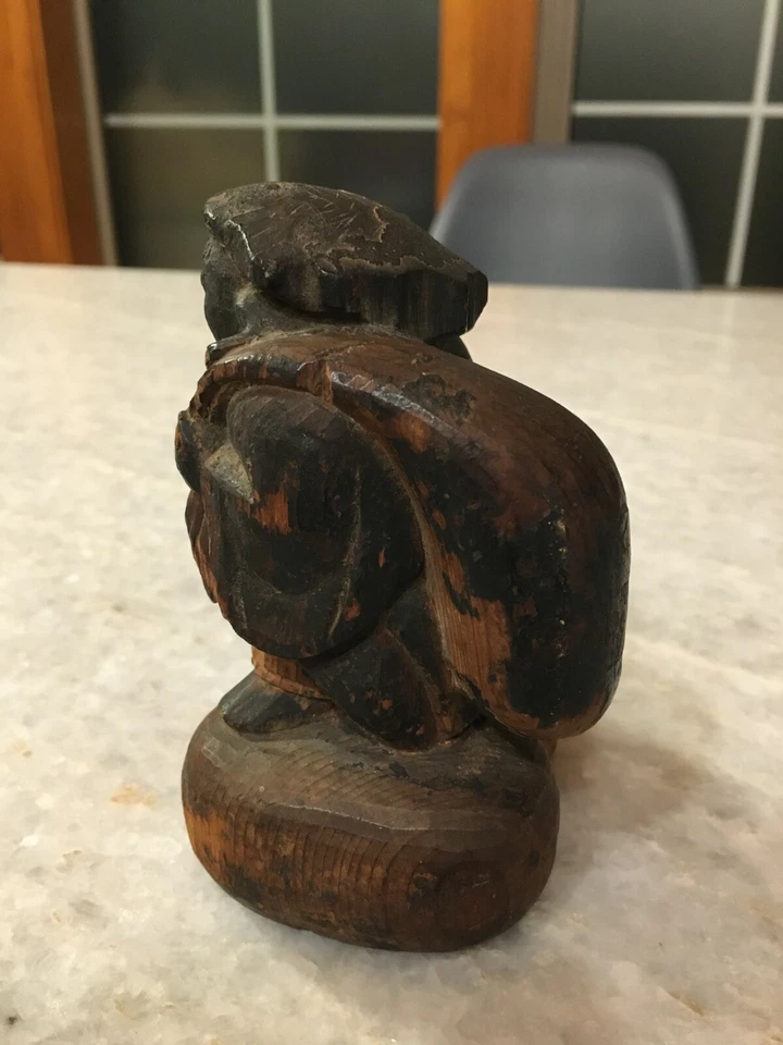 Estátua/escultura japonesa de madeira muito antiga de Daikokuten 大黒天/pátina grossa - Imagem 3 de 4