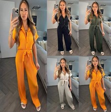 Womens Pleated Gold Button Tie Up Waist Collared Summer Jumpsuit Playsuit Dress