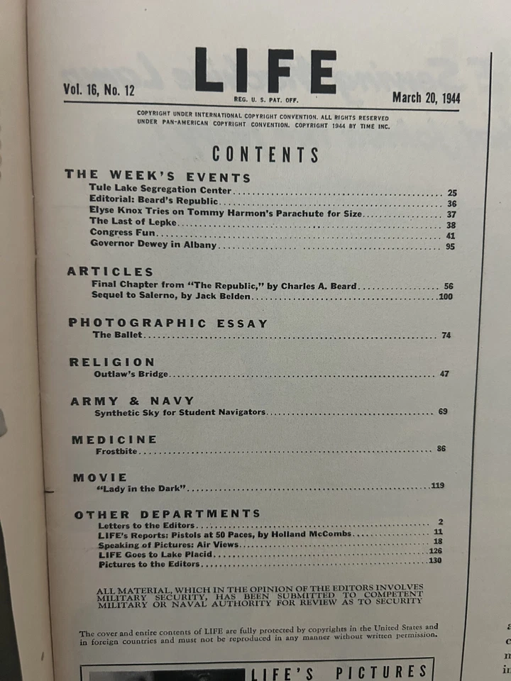 Life Magazine March 20, 1944, Tule Lake, Ballet, Lady in the Dark movie, Ginger - Image 2 of 4