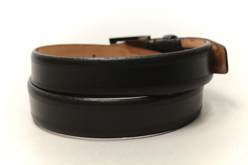 Trafalgar Finn Mens Dress Belt 36 Black Leather Textured Pinstripe Edge Italy - Picture 3 of 11