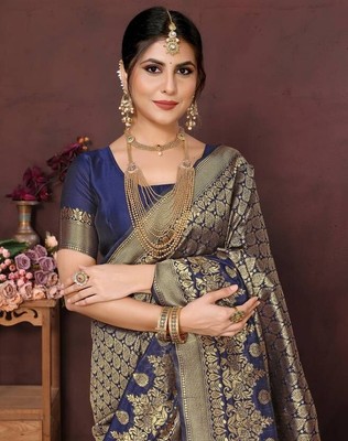 Embroidered, Self Design, Woven Kanjivaram Art Silk, Jacquard Saree  (Blue)