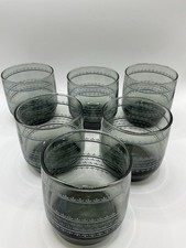 Vintage Mid-Century Smoked Greek Key Rocks Glasses Set 6 MCM Lowball Barware
