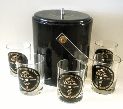 Rare RCA Victor Hit Song Records Ice Bucket & Bar Glasses Vintage Cera Barware