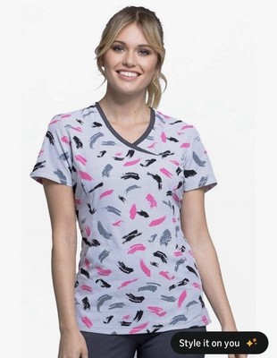 Cherokee Women's Patterned Scrub Top Gray Pink Black Polyester Size S