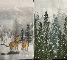 TWO Paper Dinner Decoupage Art Craft Napkins - CHRISTMAS Watercolor Trees/Deer