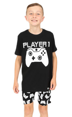 Jungen Gaming Player 1 Baumwolle kurzer Schlafanzug schwarz weiß