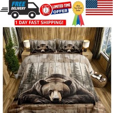 King Grizzly Bear Bedding Set - Rustic Hunting Comforter, 2 Pillowcases, Wildlif