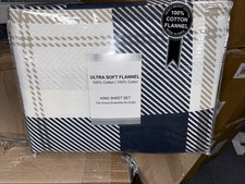 KING Flannel Sheet Set 100 Cotton ULTRA Soft, NAVY PLAID DESIGN OEKO-TEX