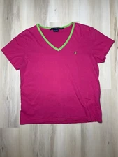 Ralph Lauren Sport Shirt Women Large Pink V-Neck 100% Cotton Green Trim Y2K