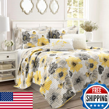 Lush Decor Leah Reversible Floral Quilt Set 8 Piece Set Full/ Queen Yellow Gray
