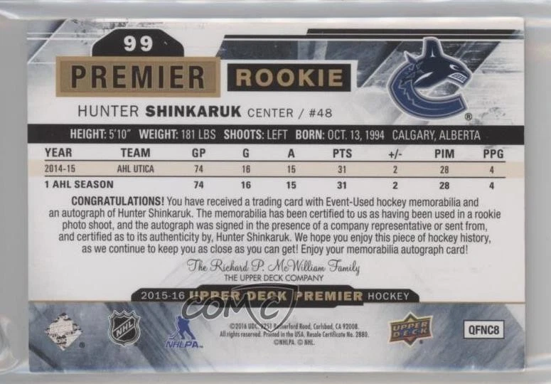 2015-16 Premier Gold Spectrum /15 Hunter Shinkaruk #99 RPA Rookie Patch Auto RC - Image 2 of 2