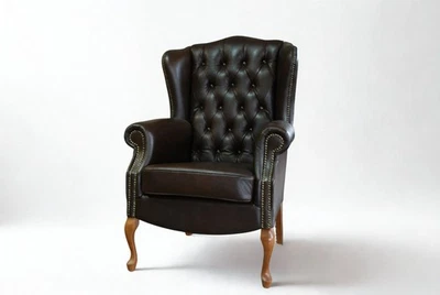 Fauteuil à oreilles Chesterfield de luxe - cuir véritable, fait à la main - Photo 1/4