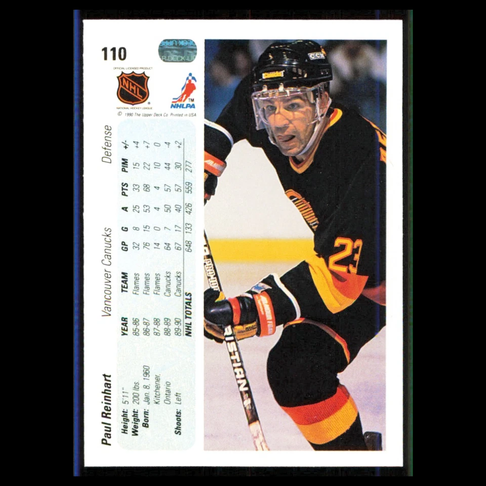 Paul Reinhart #110 1990 Upper Deck Vancouver Canucks Hockey Card NHL NM - Image 2 of 3