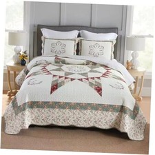 Cotton Bedspread Quilt Bedding Sets, 3 Pieces Queen Star Green Floral