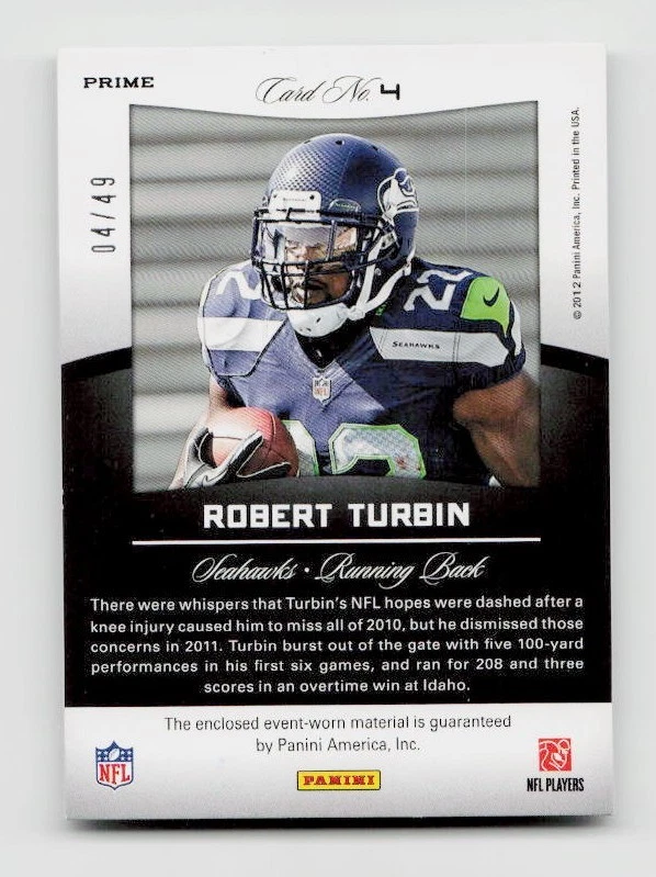 2012 Panini Certified #4 Robert Turbin Certified Skills Materials Prime #/49 - Image 2 of 2