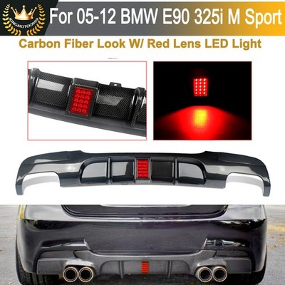 For 2006-2011 BMW E90 E91 M Sport Carbon Color Quad Exhaust Rear Diffuser w/ LED
