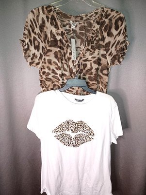 Jennifer and Grace Brown Animal Print Sheer Top & Shien LipTee- NWT-LG- 2-for-1
