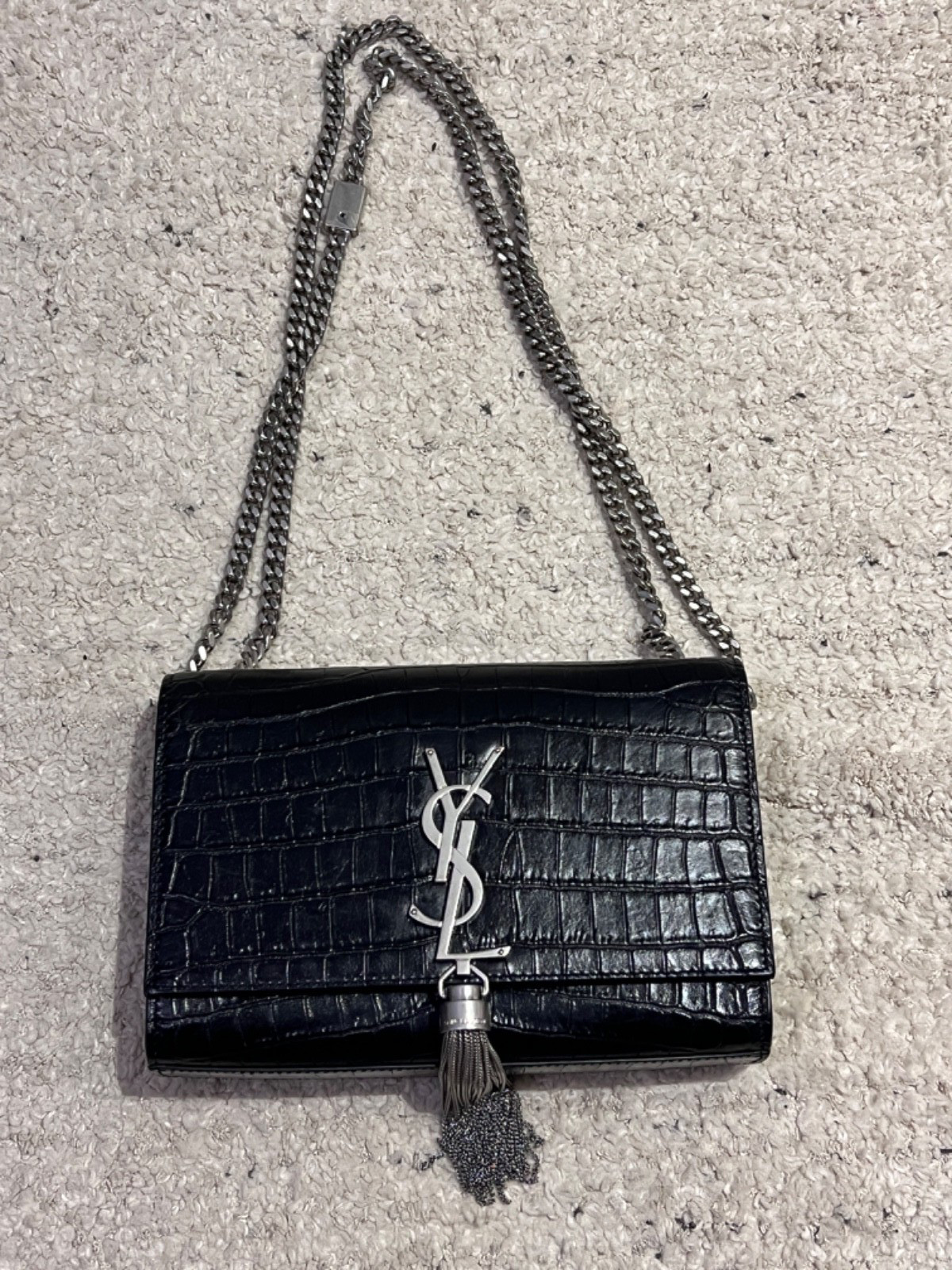 YSL Croc Embossed Leather Kate Tassel crossbody bag Black / Silver 