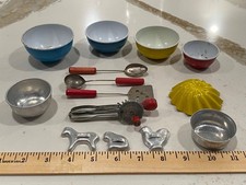 Vintage Tin Toy Baking Items  Miniature Wooden Red Handled Kitchen Utensils 