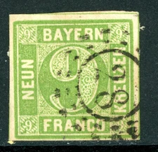 Germany States 1850 Bavaria 9 Kr Yellow Green Scott #6 VFU H703