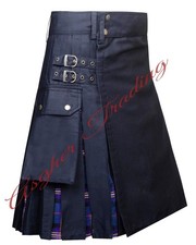 Handmade Black With Masonic Tartan Hybrid Utility Kilt - Men's Custom Size Kilts