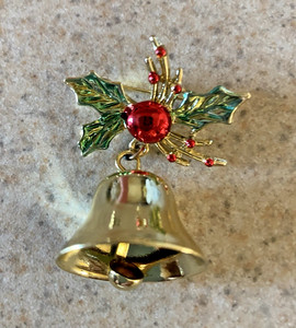 VINTAGE 2" LONG RINGING CHRISTMAS BELL & HOLLY BROOCH