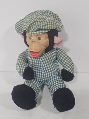 Vintage Blue Plaid Mr. Bim Zippy Rubber Faced Plush Monkey Gund 