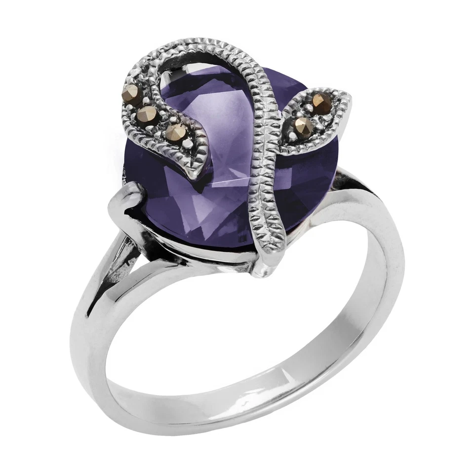 Silverly Anello Argento 925 Zircone Viola Rotondo Multi Marcasite Fiore - Immagine 2 di 4
