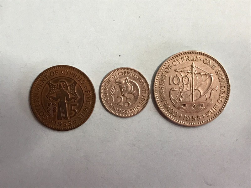Cyprus Lot of 3 (three) Coins from 1955: 5 Mils, 25 Mils and 100 Mils