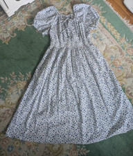 UNIQLO Women XL Volume Sleeve Dress Floral White Blue Midi Cotton Pockets Boho
