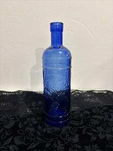 Cobalt Blue Glass Grapes Bottle  Made In Spain Recycled Glass 9”