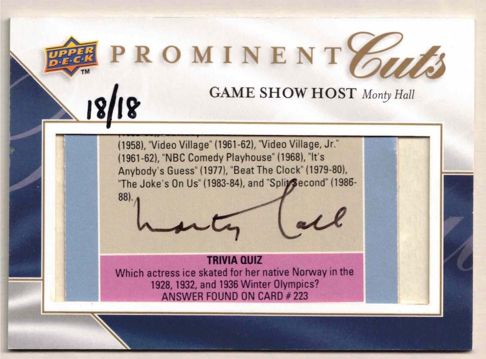 *Prominent Cuts: Cut Signature Autograph Card of Monty Hall PC-HALL 18/18