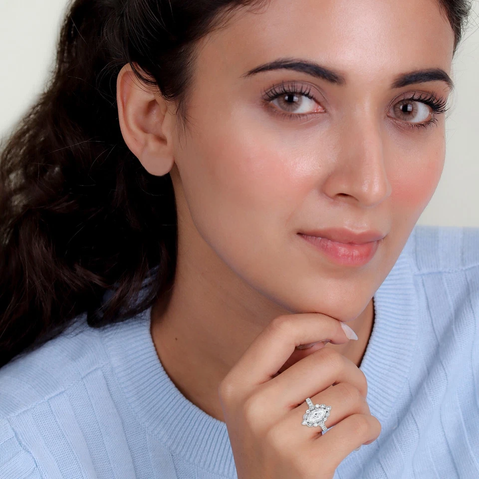 Комплект из двойного винтажного свадебного кольца-гало с цирконием маркиза 1,5 карата серебро 925 пробы - Изображение 2 из 4