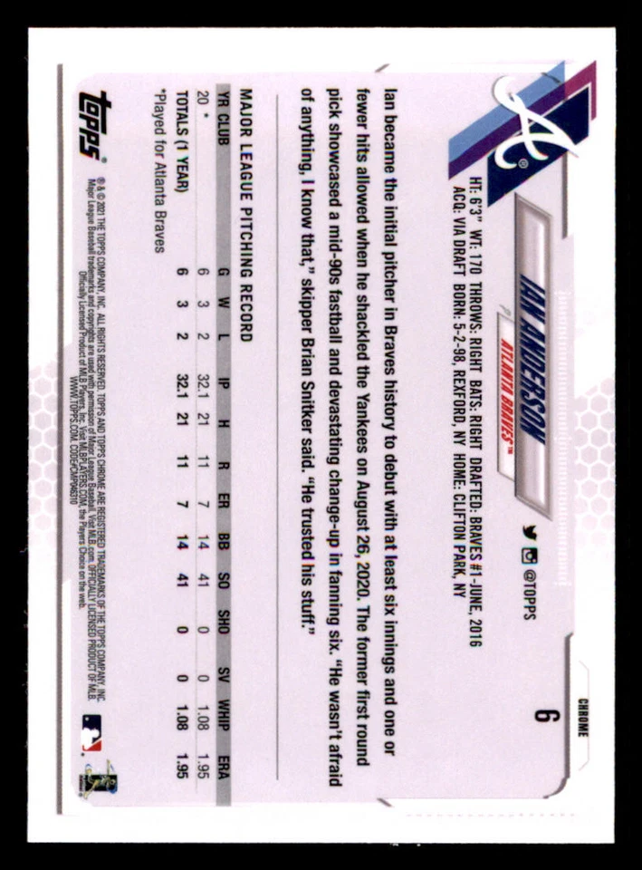 2021 Topps Chrome #6 Ian Anderson RC - Image 2 of 2